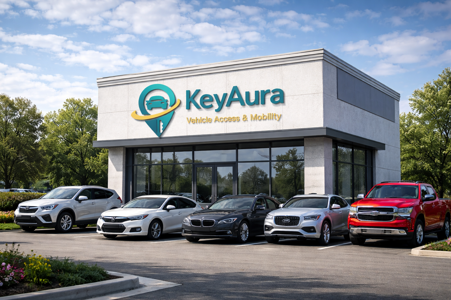 KeyAura dealership under a bright sky