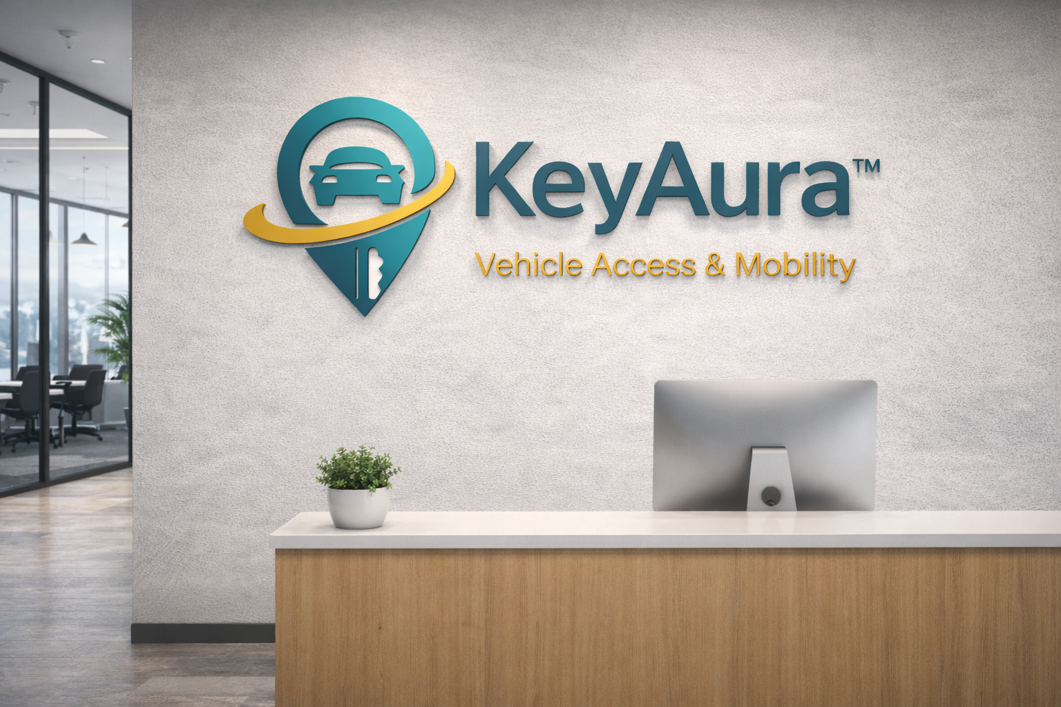 Modern office reception with KeyAura™ logo